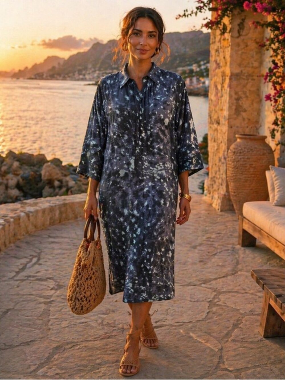 Soaked Printed Midi Dress Blue Grey M Abstract Minimalist Casual Modern Chic